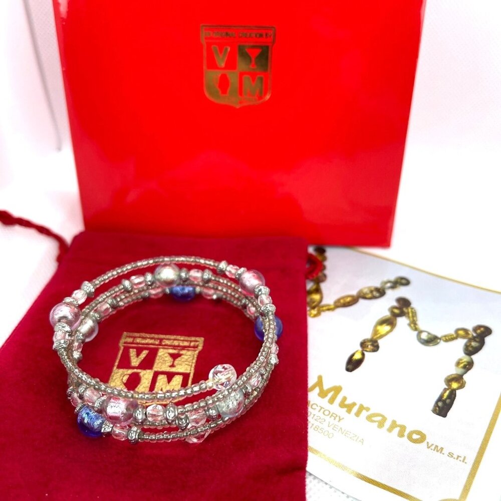 Vecchia Murano Venice Italy Glass Bead Memory Coil Bracelet Gift Bag Certificate
